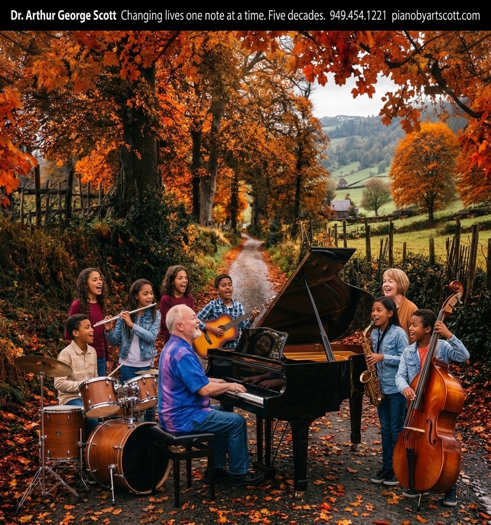 Dr. Arthur George Scott with students performing music outdoors in autumn foliage