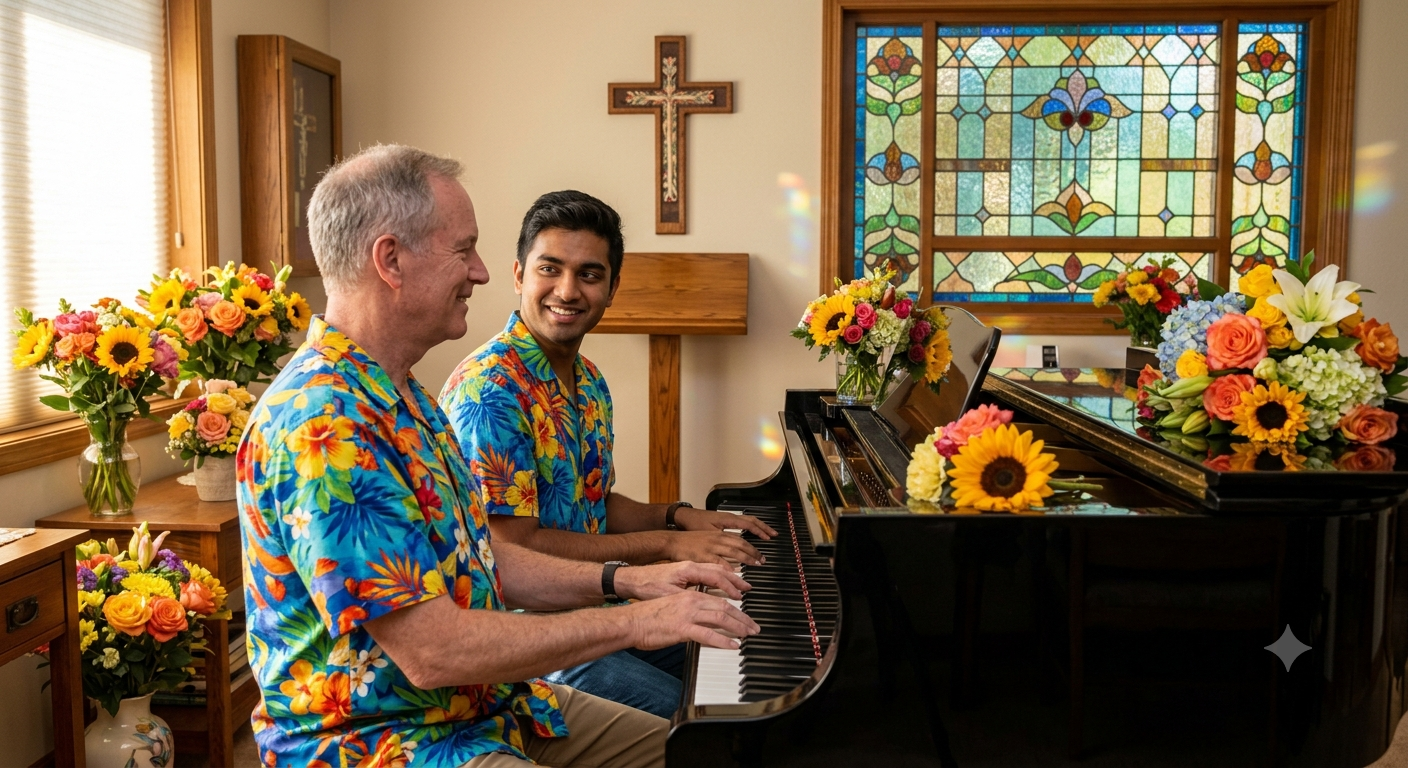 Two people playing piano together in a church setting with stained glass windows